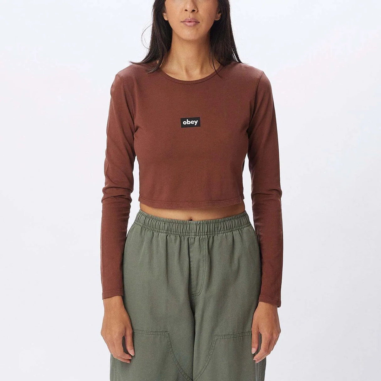 OBEY Women's Obey Tag Cropped Mia Long Sleeve T-Shirt Sepia Women's Long Sleeve T-Shirts Obey 