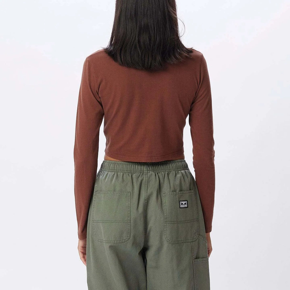 OBEY Women's Obey Tag Cropped Mia Long Sleeve T-Shirt Sepia Women's Long Sleeve T-Shirts Obey 