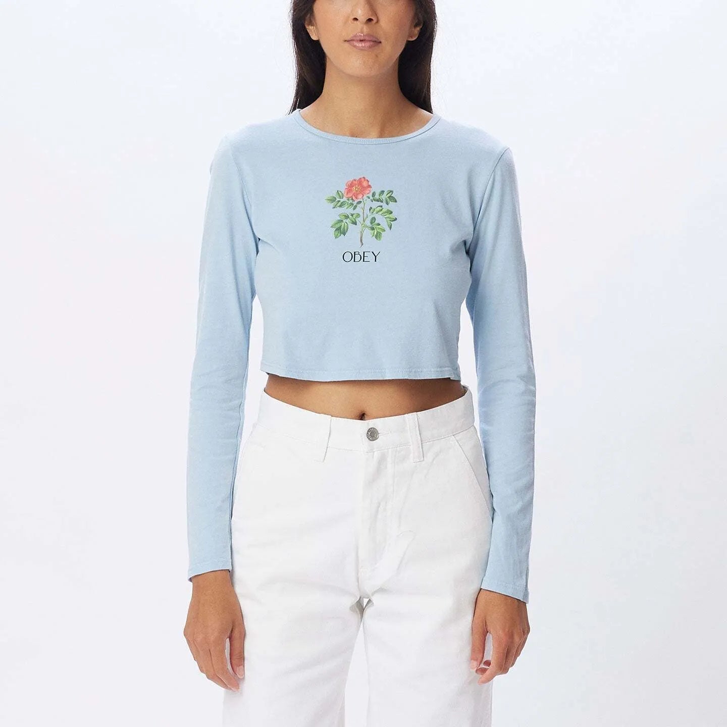 OBEY Women's CMYK Flower Cropped Mia Long Sleeve T-Shirt Good Grey Women's Long Sleeve T-Shirts Obey 