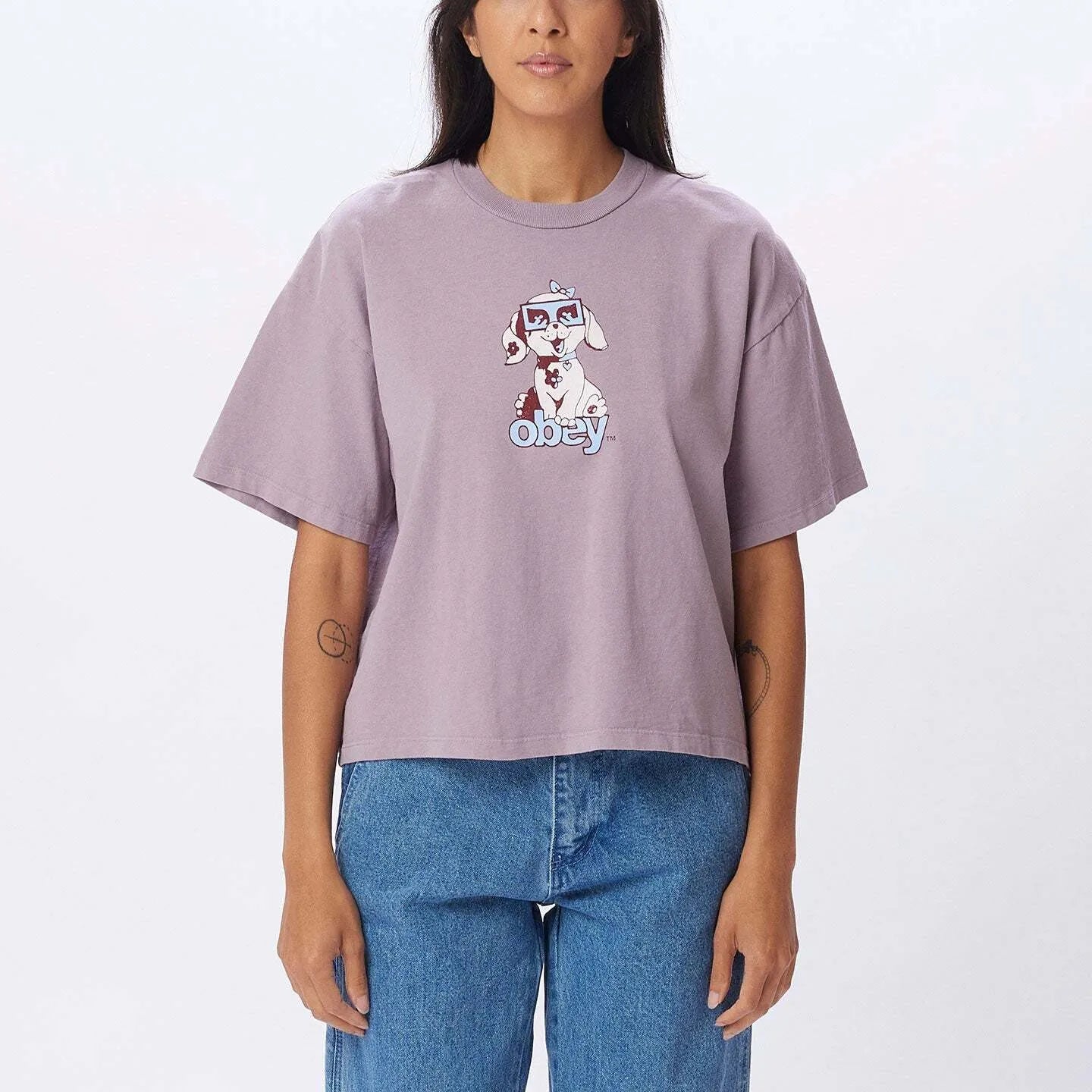 OBEY Women's Obey Mini Puppy Custom Crop T-Shirt Lilac Chalk Women's T-Shirts Obey 