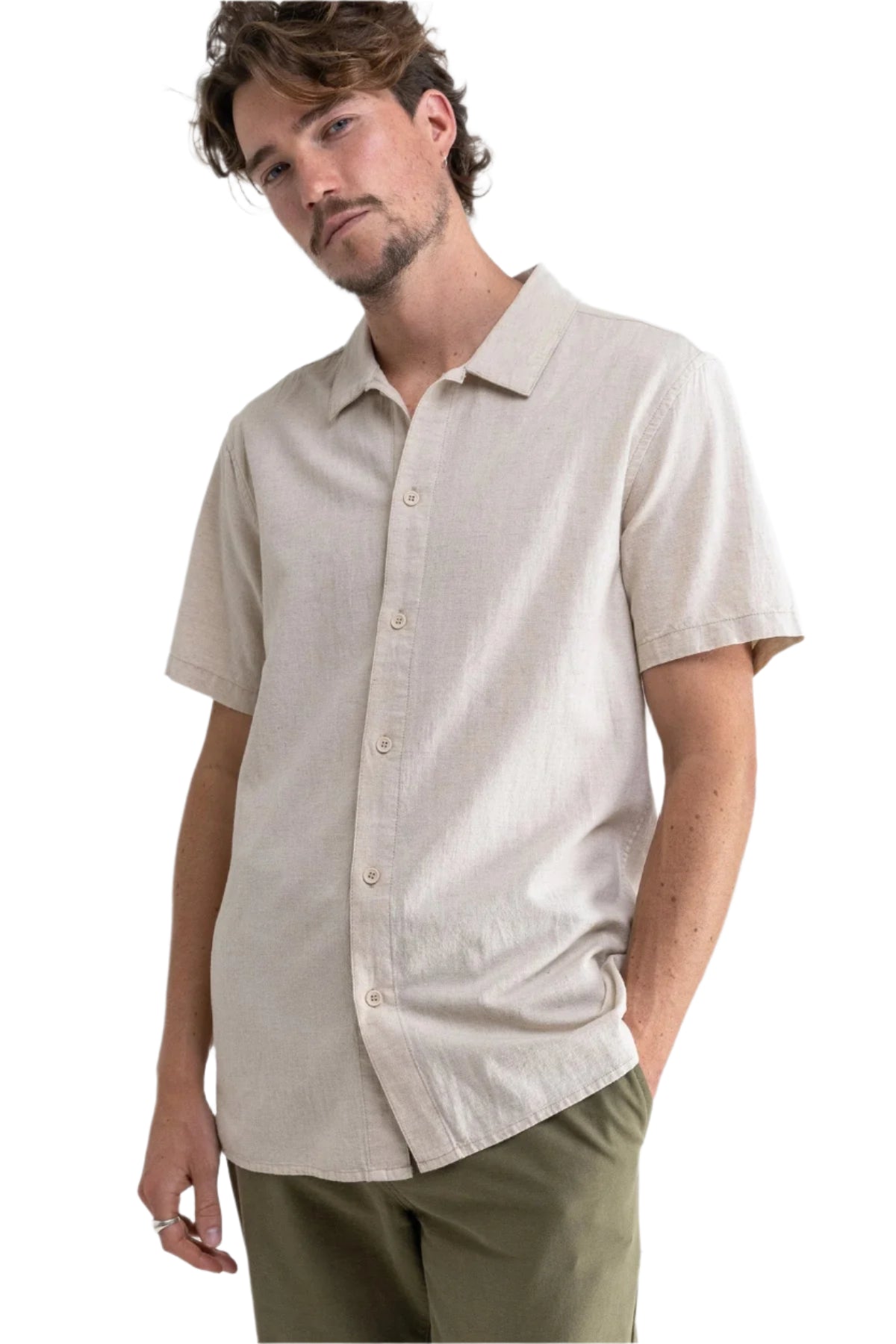 RHYTHM Classic Linen Short Sleeve Button Up Sand Men's Short Sleeve Button Up Shirts Rhythm 