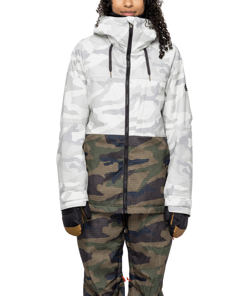 686 Women's Athena Insulated Snowboard Jacket White Camo Colorblock 2023 Women's Snow Jackets 686 