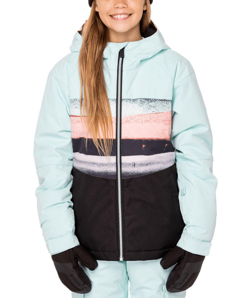 686 Girls Athena Insulated Snowbard Jacket Icy Blue Sunset Stripe Colorblock 2023 Youth Snow Jackets 686 