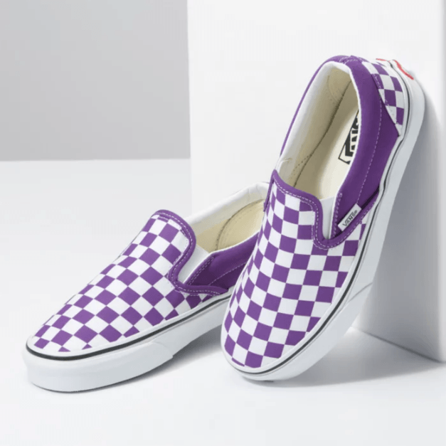 Purple checkerboard online vans slip on