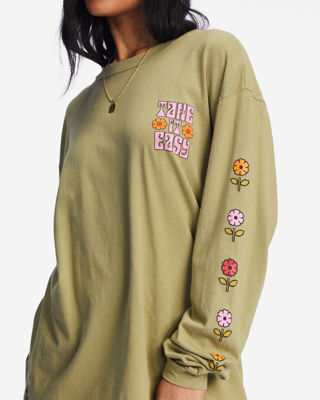 BILLABONG Women's Take It Easy Long Sleeve Graphic Boyfriend T-Shirt Army Women's Long Sleeve T-Shirts Billabong 