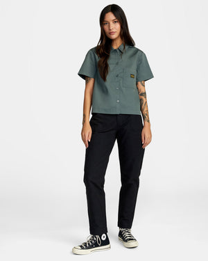 RVCA Recession Short Sleeve Button-Up Shirt Women's Balsam Green Women's Flannels and Button Ups RVCA 