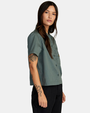 RVCA Recession Short Sleeve Button-Up Shirt Women's Balsam Green Women's Flannels and Button Ups RVCA 
