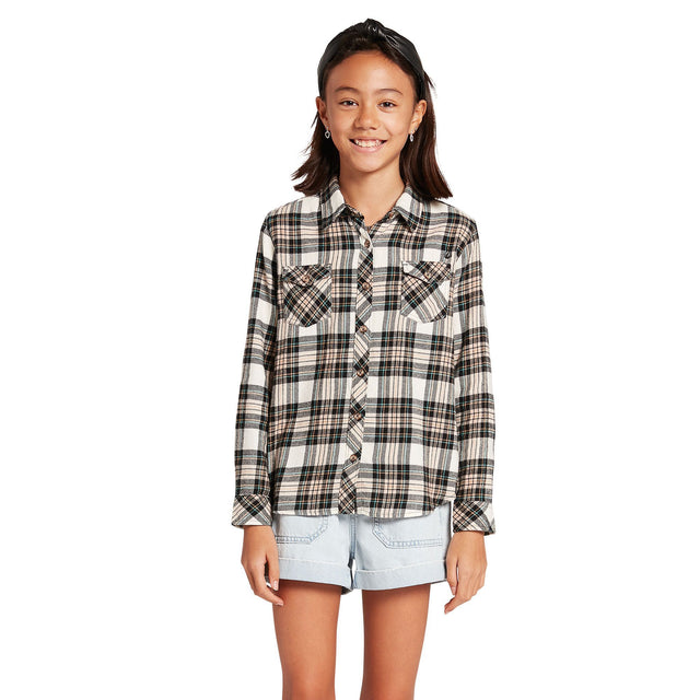 VOLCOM Getting Rad Plaid Long Sleeve Flannel Girl's Mushroom Girl's Long Sleeve T-shirts Volcom 